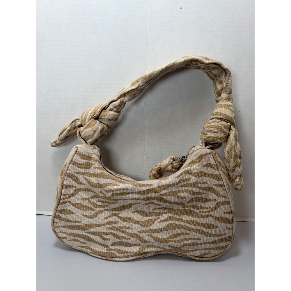 Zara Shoulder Bag Women Small Beige Zebra Print Knotted Handle Hobo Canvas